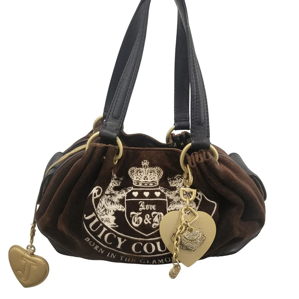 Vtg Authentic Juicy Couture Velour Bowler Bag Y2K Glamorous USA Tag Crest Charms
